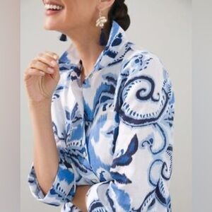 Chico’s Woman’s 100% Linen Button Up Shirt Paisley 3/4 Sleeve Regatta Blue, Sz 1